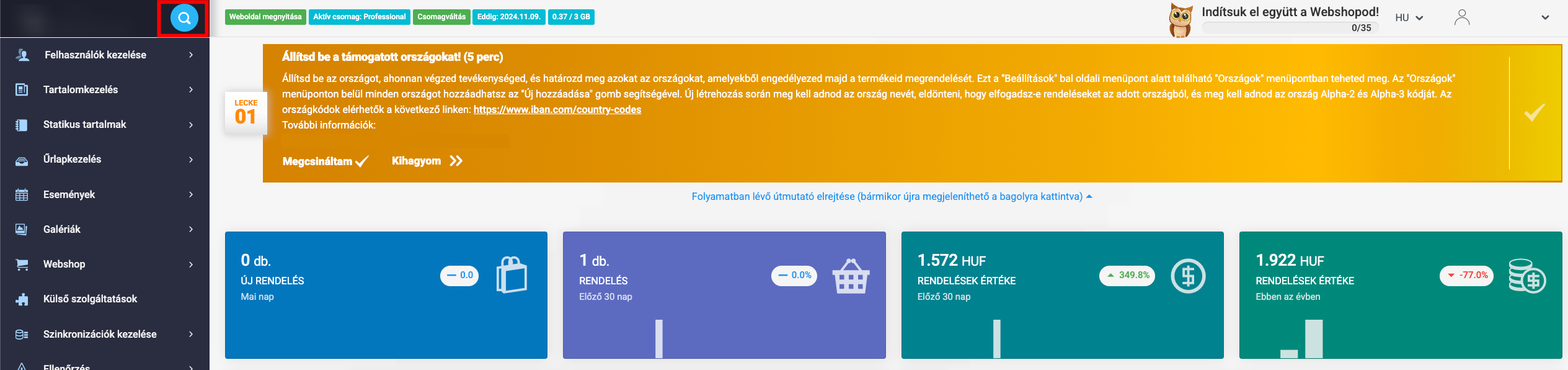 Kereső az adminisztrációs felületen